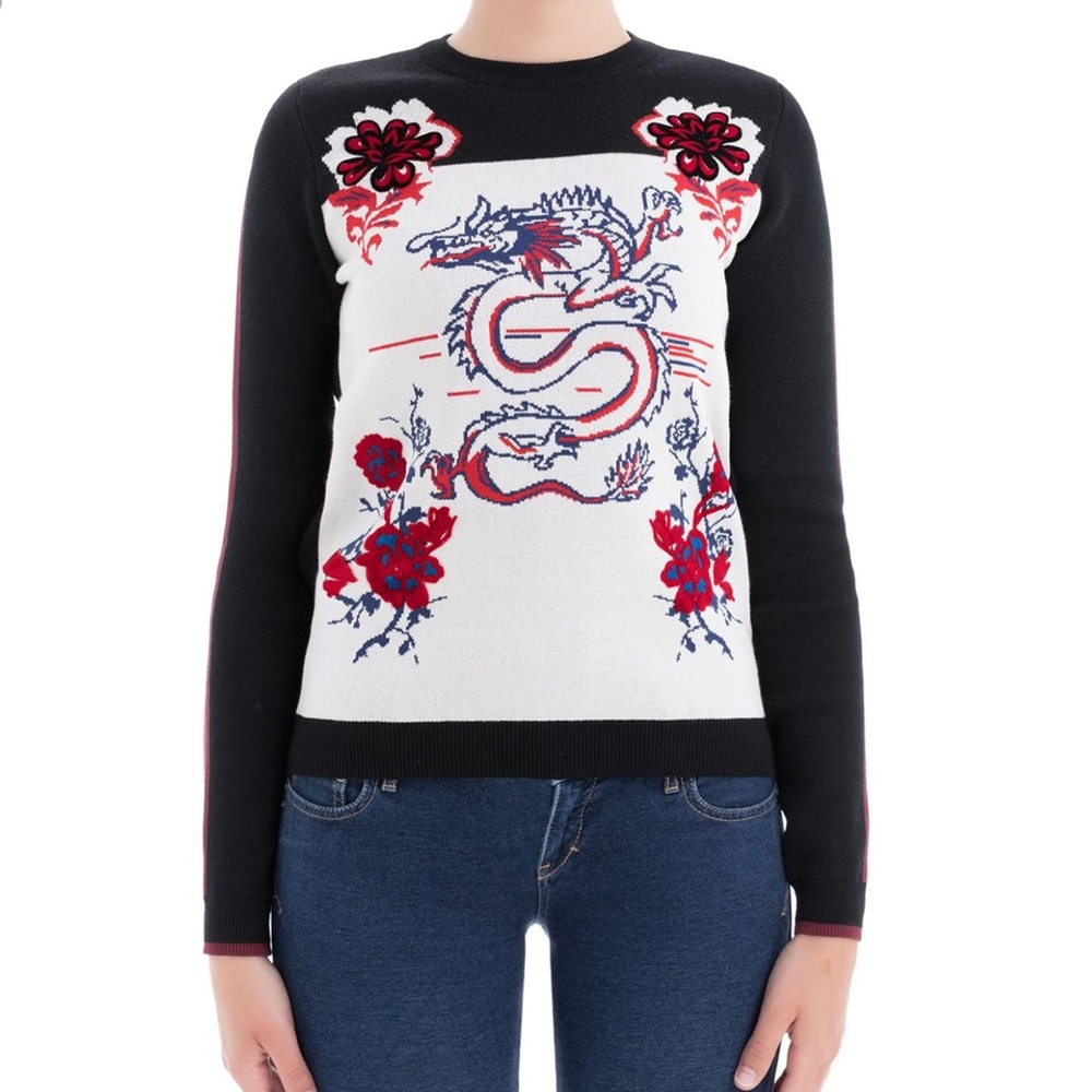Kenzo Dragon Sweater Size L Women's Wool Blend Long Sleeve Pullover Floral
